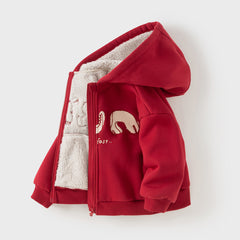Dave&Bella Toddler Boys Festival Red Long-sleeved Hooded Outwear Plush-lined Coats