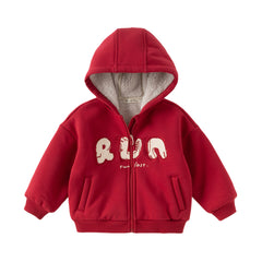 Dave&Bella Toddler Boys Festival Red Long-sleeved Hooded Outwear Plush-lined Coats