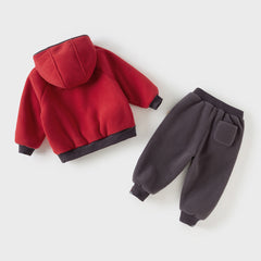 Dave&Bella Toddler Boys Playful Red Chinese-style Hooded Sweatshirt Long Pants Sets