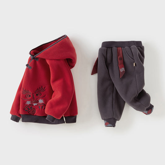 Dave&Bella Toddler Boys Playful Red Chinese-style Hooded Sweatshirt Long Pants Sets