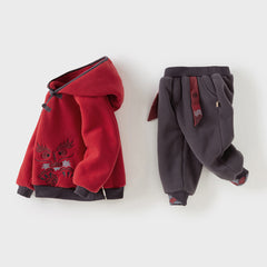 Dave&Bella Toddler Boys Playful Red Chinese-style Hooded Sweatshirt Long Pants Sets