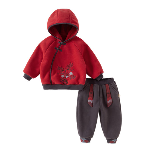 Dave&Bella Toddler Boys Playful Red Chinese-style Hooded Sweatshirt Long Pants Sets