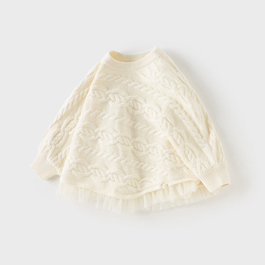 Dave&Bella Kids Girls Winter Elegant Pearl White Cape-style Knit Pullover Sweaters Tops