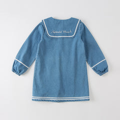 Dave&Bella Kids Girls Autumn Denim Blue Cotton Cape Collar Casual A-line Dress