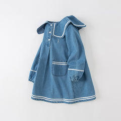 Dave&Bella Kids Girls Autumn Denim Blue Cotton Cape Collar Casual A-line Dress
