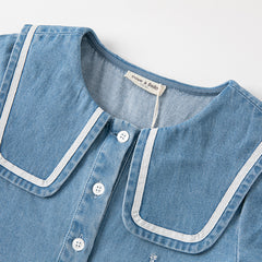 Dave&Bella Kids Girls Autumn Denim Blue Cotton Cape Collar Casual A-line Dress