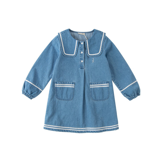 Dave&Bella Kids Girls Autumn Denim Blue Cotton Cape Collar Casual A-line Dress