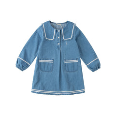 Dave&Bella Kids Girls Autumn Denim Blue Cotton Cape Collar Casual A-line Dress