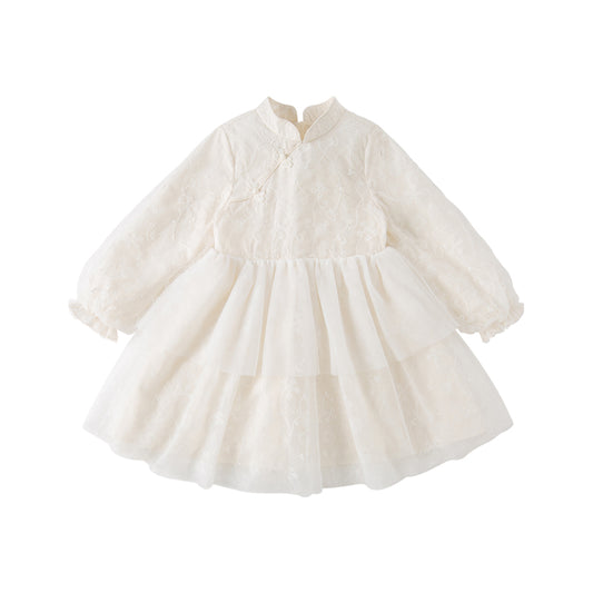 Dave&Bella Toddler Girls Autumn Elegant Chinese Style Beige Mesh A-line Dress