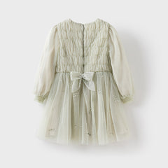 Dave&Bella Kids Girls Autumn Grey Green Classic Round Collar Mesh Part Dress