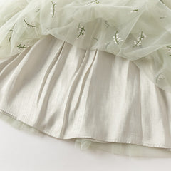 Dave&Bella Kids Girls Autumn Grey Green Classic Round Collar Mesh Part Dress