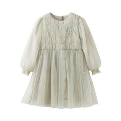 Dave&Bella Kids Girls Autumn Grey Green Classic Round Collar Mesh Part Dress