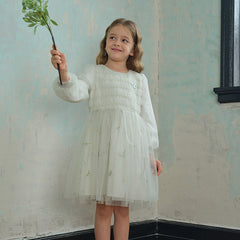 Dave&Bella Kids Girls Autumn Grey Green Classic Round Collar Mesh Part Dress