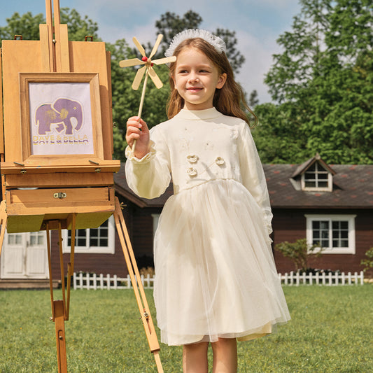 Dave&Bella Toddler Girls Autumn Warm Beige Mesh Birthday Dress