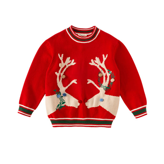 Dave&Bella Kids Boys/Girls Red/Beige Christmas Reindeer Soft Holiday Sweaters Tops