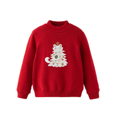 Dave&Bella Kids Girls Red Knit Christmas-tree Decorations Turtle Fleece-Lined Sweaters