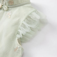 Dave&Bella Kids Girls Summer Grey Green Floral Sleeveless A-line Dress(wallet bag)