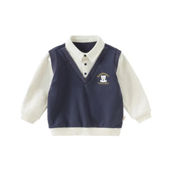 Dave&Bella Toddler Boys Navy Blue Fake Two Piece Knit Pullover Polos T-Shirt Tops