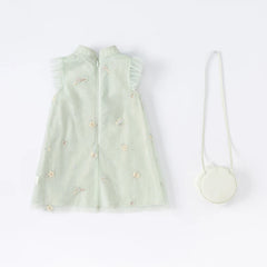 Dave&Bella Kids Girls Summer Grey Green Floral Sleeveless A-line Dress(wallet bag)