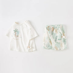 Dave&Bella Summer Toddler Boys Leaf Print White Two-Piece Sets