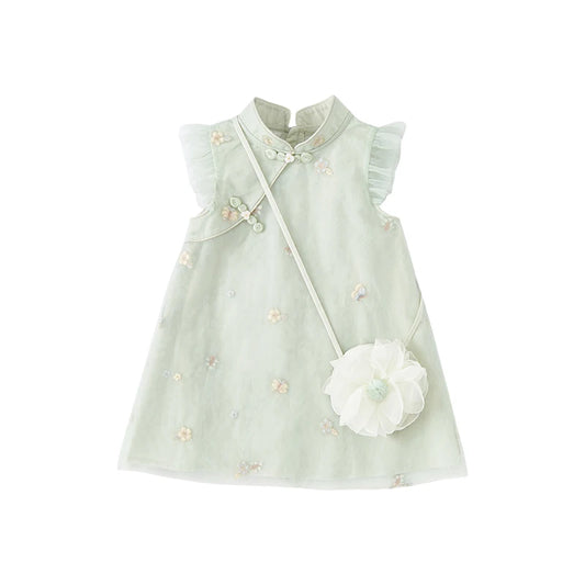 Dave&Bella Kids Girls Summer Grey Green Floral Sleeveless A-line Dress(wallet bag)