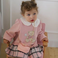 Dave&Bella Girls Adorable Pink Bear-print Plaid Dress-style Sweatshirts Tops