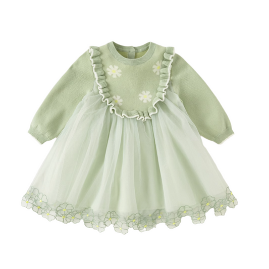 Dave&Bella Toddler Girls Autumn Vivid Bean Green Sweater Mesh Princess Dress
