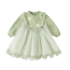 Dave&Bella Toddler Girls Autumn Vivid Bean Green Sweater Mesh Princess Dress