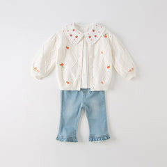 Dave&Bella Toddler Girls Elegant Flower Embroidery Beige Knit Cotton Cardigans