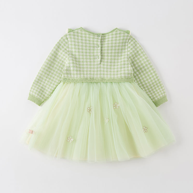 Dave&Bella Toddler Girls Fresh Green Plaid Knit Sweater Mesh Party Dress