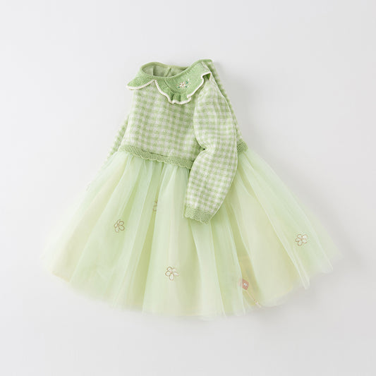 Dave&Bella Toddler Girls Autumn Fresh Green Plaid Knit Sweater Mesh Party Dress