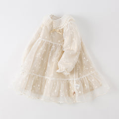 Dave&Bella Toddler Girls Autumn Beige Embroidered Craft Court Style Mesh Princess Dress