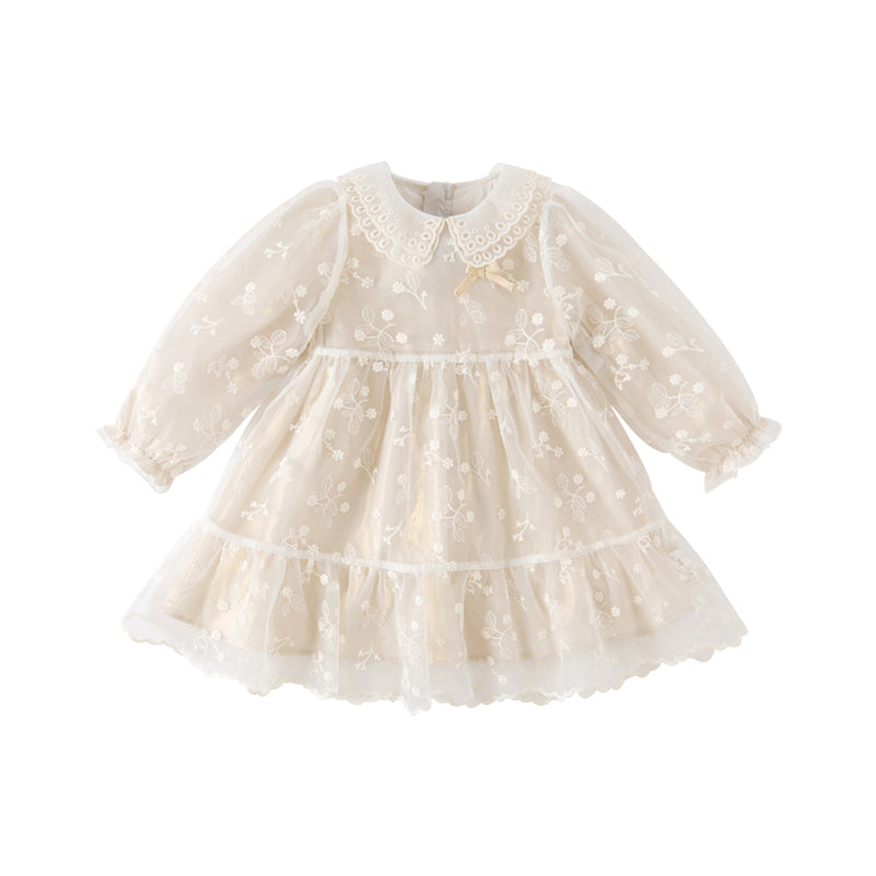 Dave&Bella Toddler Girls Autumn Beige Embroidered Craft Court Style Mesh Princess Dress