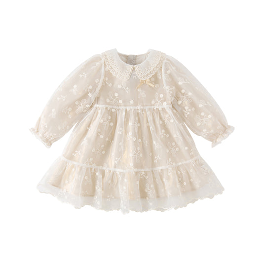 Dave&Bella Toddler Girls Autumn Beige Embroidered Craft Court Style Mesh Princess Dress