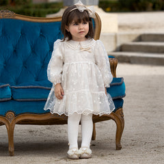Dave&Bella Toddler Girls Autumn Beige Embroidered Craft Court Style Mesh Princess Dress
