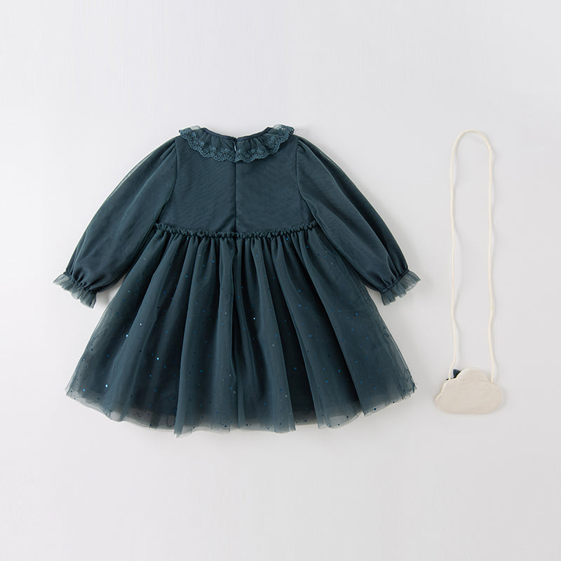 Dave&Bella Toddler Girls Elegance Dark Blue Princess Mesh Dress(wallet bag)