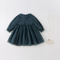 Dave&Bella Toddler Girls Autumn Elegance Dark Blue Princess Mesh Dress(wallet bag)