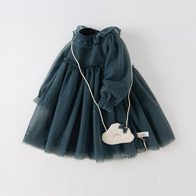 Dave&Bella Toddler Girls Elegance Dark Blue Princess Mesh Dress(wallet bag)