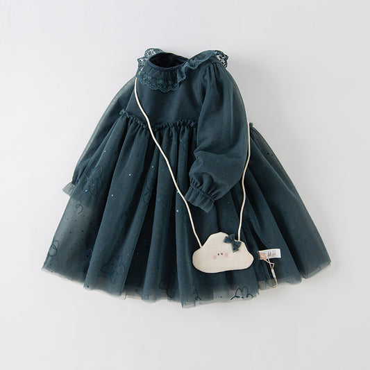 Dave&Bella Toddler Girls Autumn Elegance Dark Blue Princess Mesh Dress(wallet bag)