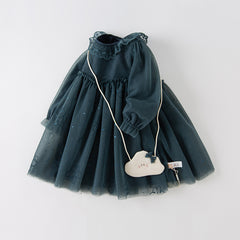 Dave&Bella Toddler Girls Autumn Elegance Dark Blue Princess Mesh Dress(wallet bag)