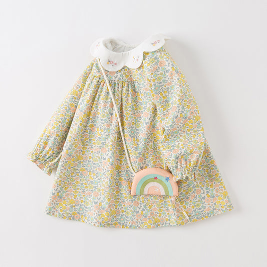 Dave&Bella Toddler Girls Autumn Cute Floral Lightweight Cotton A-line Dress(wallet bag)