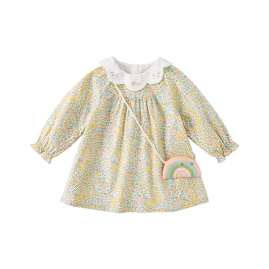 Dave&Bella Toddler Girls Autumn Cute Floral Lightweight Cotton A-line Dress(wallet bag)