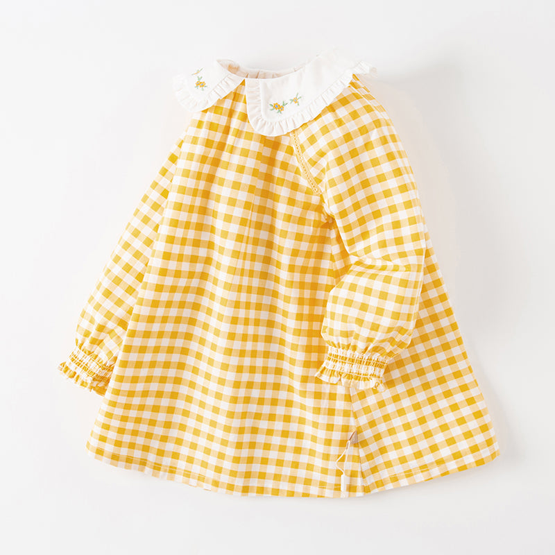Dave&Bella Toddler Girls Summer Cotton Yellow White Plaid Doll Collar Casual Party Dress