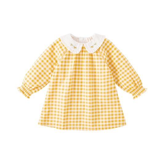 Dave&Bella Girls Summer Cotton Yellow White Plaid Doll Collar  Casual Party Dress