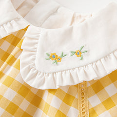 Dave&Bella Girls Summer Cotton Yellow White Plaid Doll Collar  Casual Party Dress