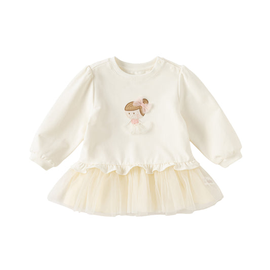 Dave&Bella Girls Spring Cartoon Mesh False Two-Piece Dress