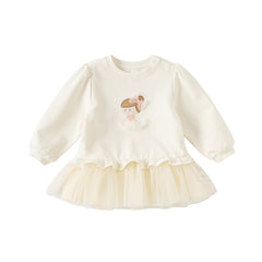 Dave&Bella Girls Spring Cartoon Mesh False Two-Piece Dress