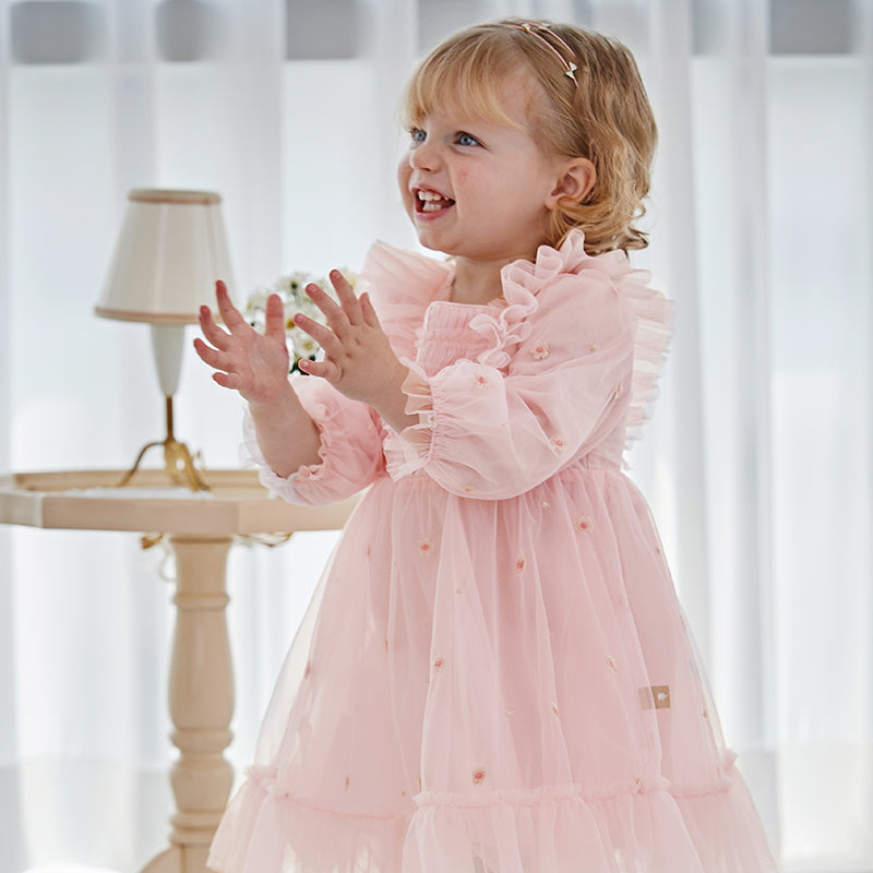 Dave&Bella Toddler Girls Adorable Light Pink Square Collar Mesh Princess Dress