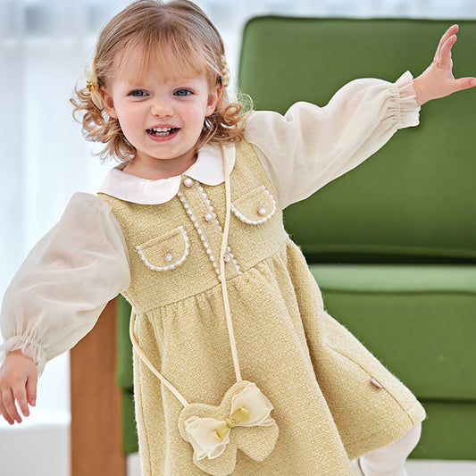 Dave&Bella Toddler Girls Autumn Yellow Romantic French-style Princess Dress(wallet bag)