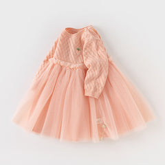 Dave&Bella Toddler Girls Autumn Light Pink Soft Knit Sweater Mesh A-line Princess Dress